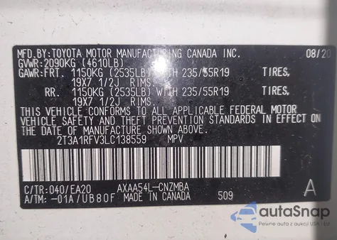 2020 Toyota Rav4 Xle Premium z USA, uszkodzony, nr VIN 2T3A1RFV3LC138559
